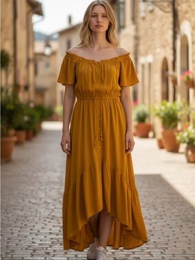 Off-Shoulder Mustard High-Low Maxi Dress with Tie Waist